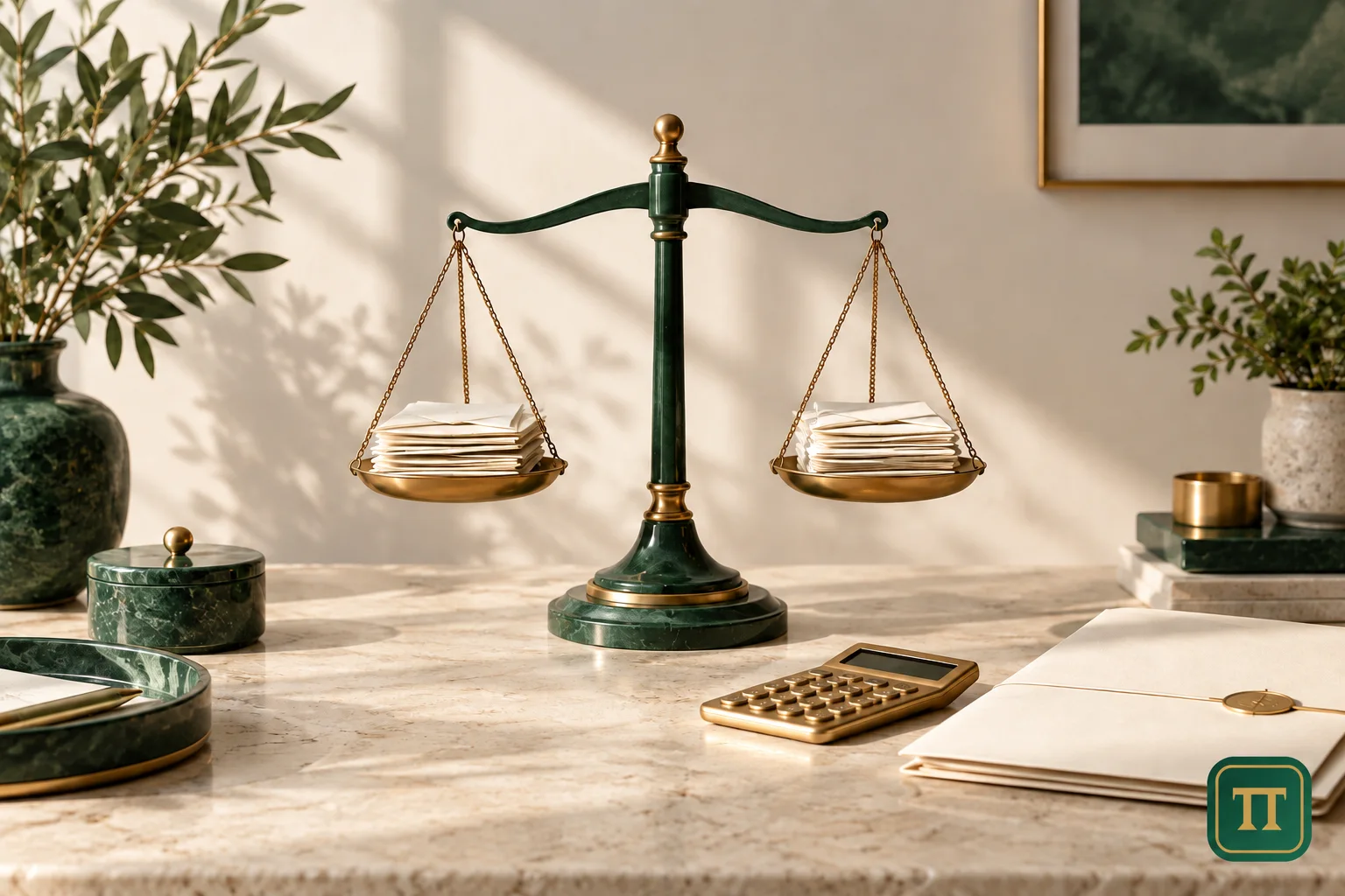 Green balance scale with papers and a calculator on an ivory desk.