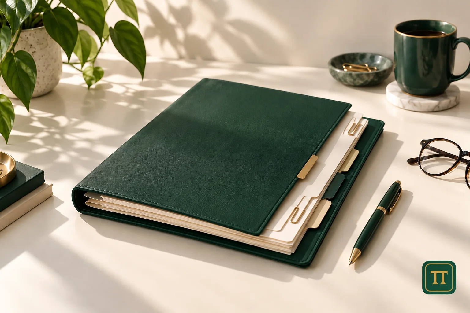 Carpeta verde para organizar documentos y consultas tributarias.