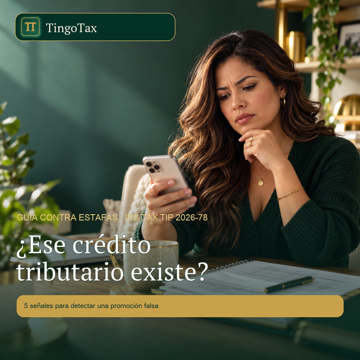 Woman checks a tax credit offer on her phone while reviewing documents.