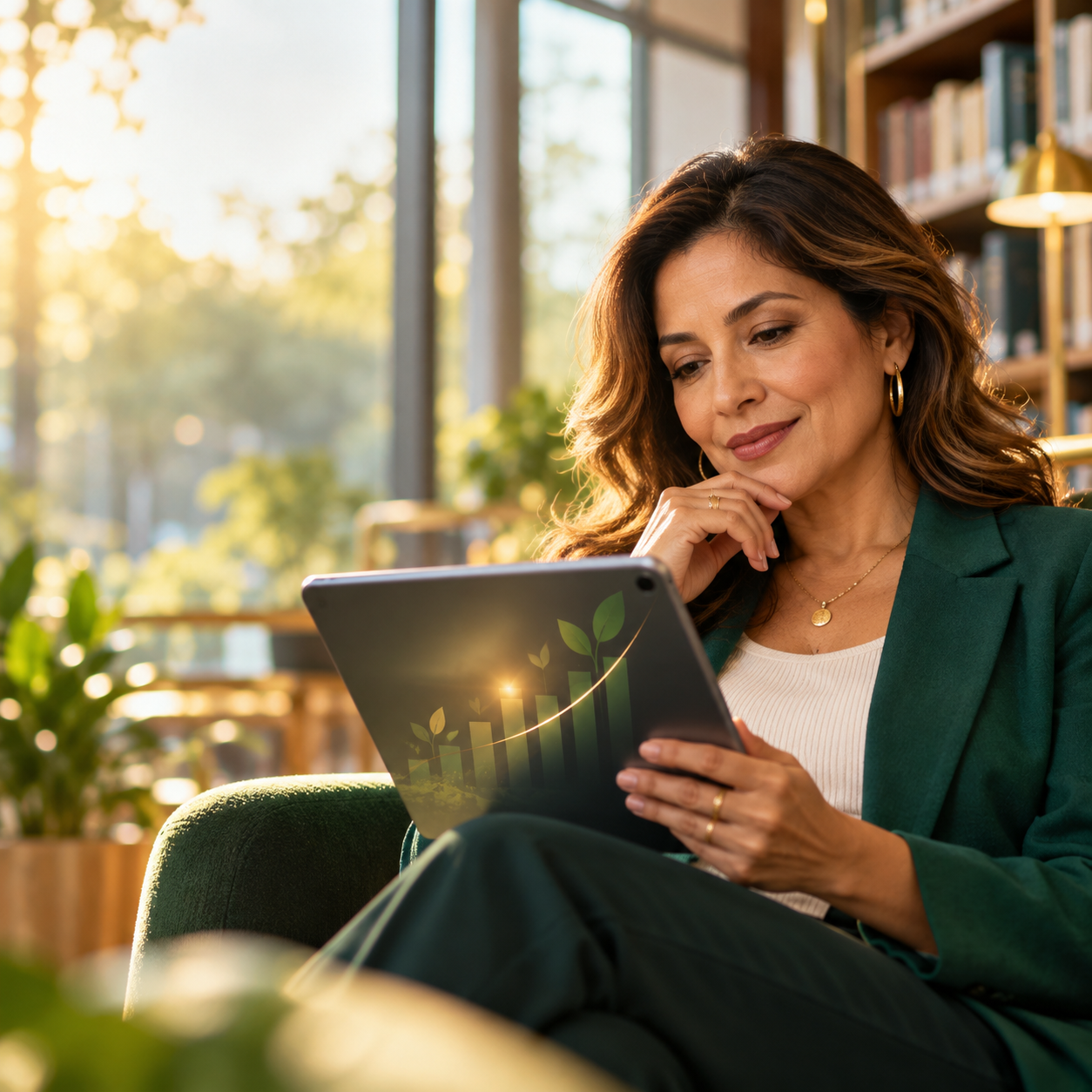 Mujer latina revisa opciones de ahorro para el retiro en una biblioteca luminosa