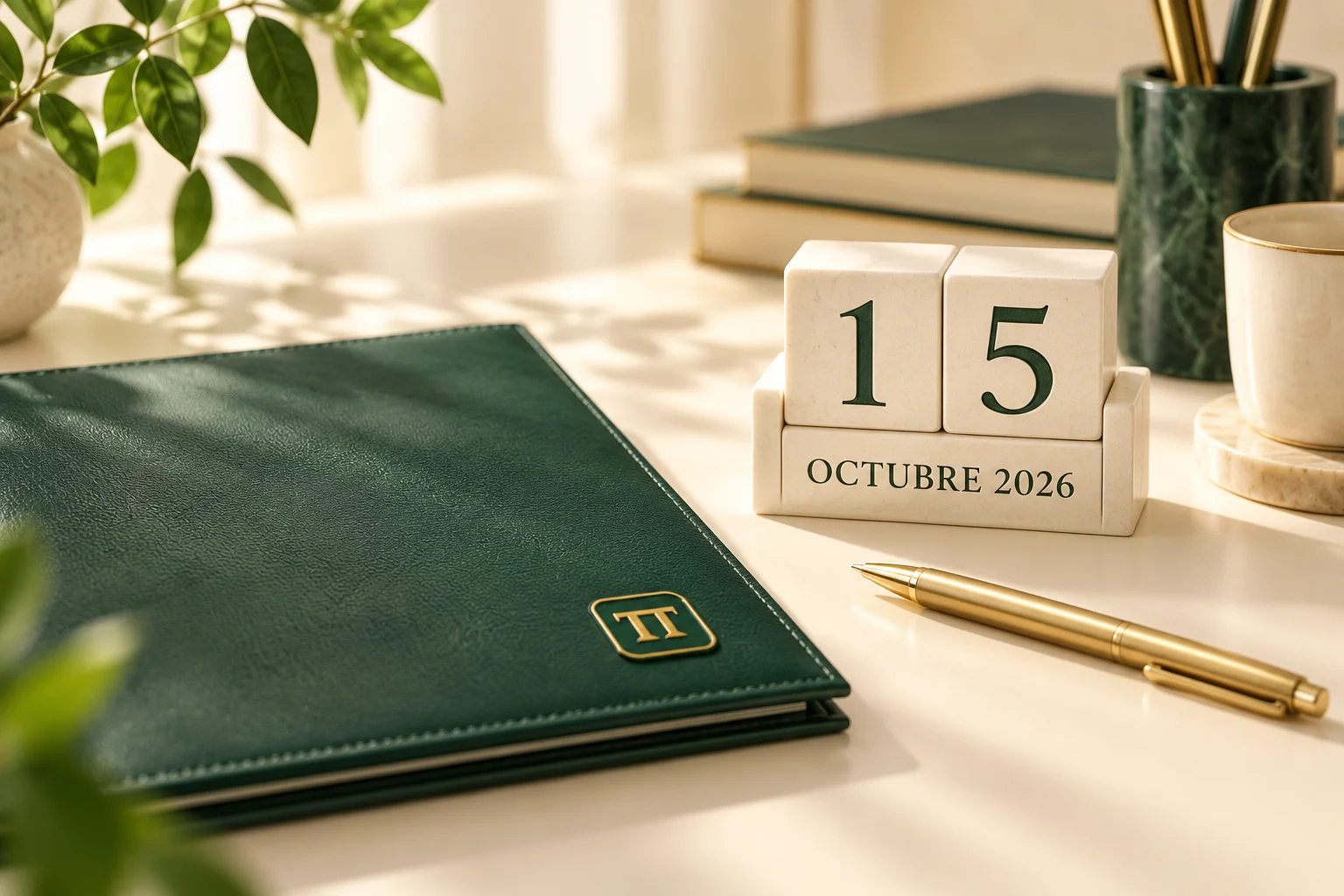Calendario del 15 de octubre de 2026 y carpeta verde de TingoTax sobre una mesa marfil.